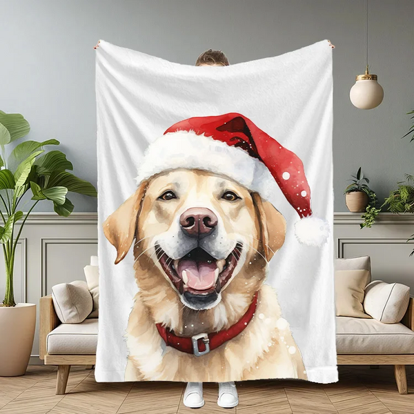 Custom Christmas Pet Portrait Blanket with Santa Hat & Snowflakes – Personalized Dog Blanket Gift