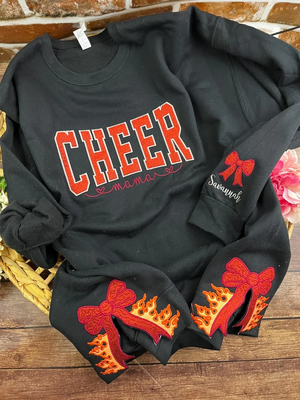 Customize Cheer Mom Glitter Sweatshirt with Side Bow & Sleeve Embroidery