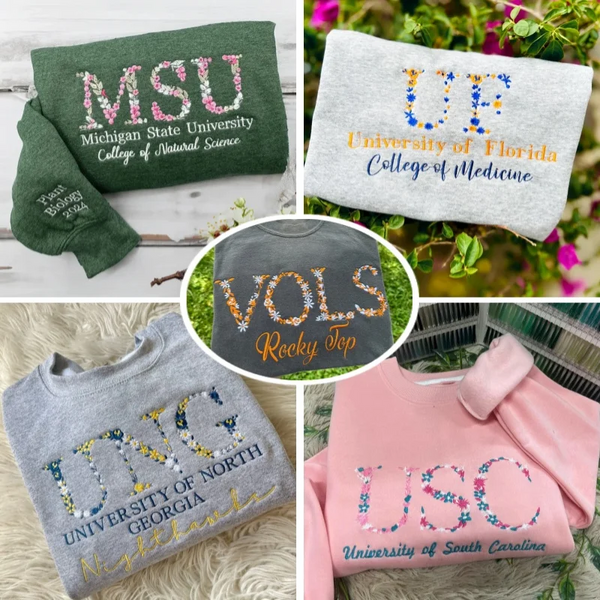 Personalized College Floral Sweatshirt & Hoodie- Embroidered with YOUR School Pride