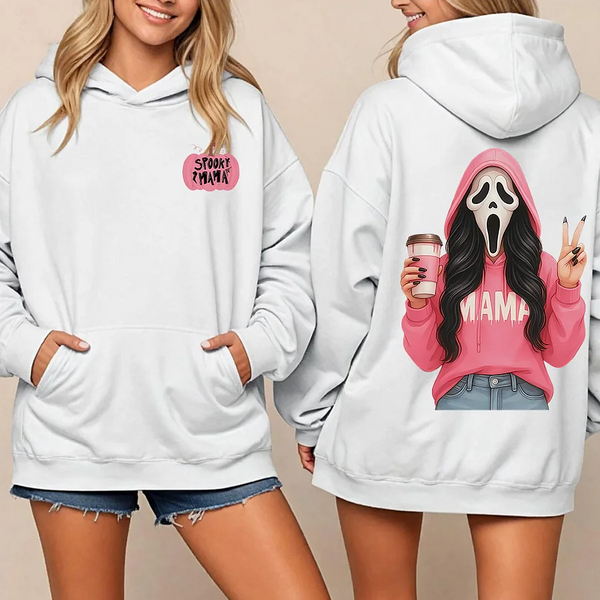 Spooky Mama Hoodie Set: Ghost-Face Mom & Baby in Pink Sweatshirt
