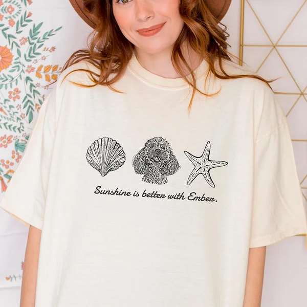 Custom Pet Minimalist Seashell Dog Sketch T-Shirt, Summer Pet Portrait Pencil Drawing Beach Vibes Tee