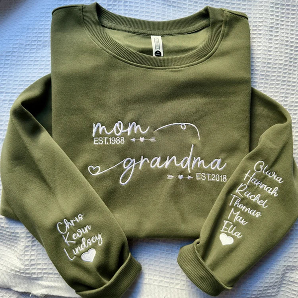Custom Embroidered From Mom to Grandma Sweatshirt with Kids Names on Sleeves