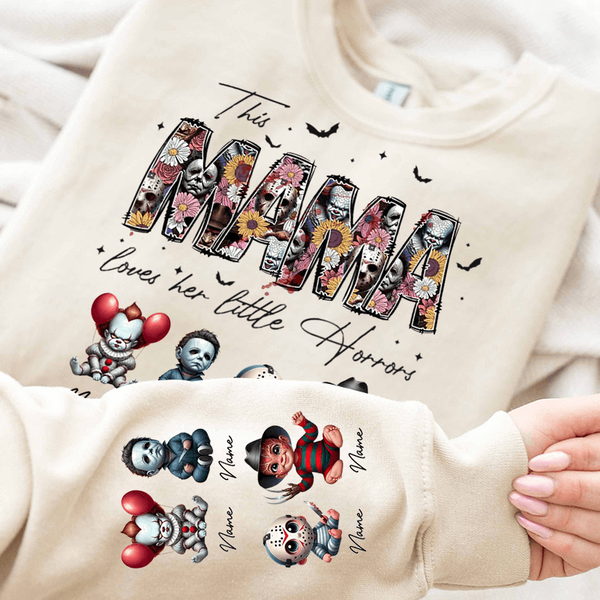 Personalized This Mama Loves Her Little Horrors Sweatshirt, Mama Shirt With Kids Name, Spooky Season Halloween
