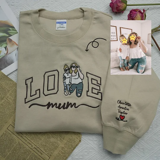 Personalized Embroidered Portrait from Photo Hoodie, Embroidered "LOVE" Sweatshirt Gift for Mom/Dad