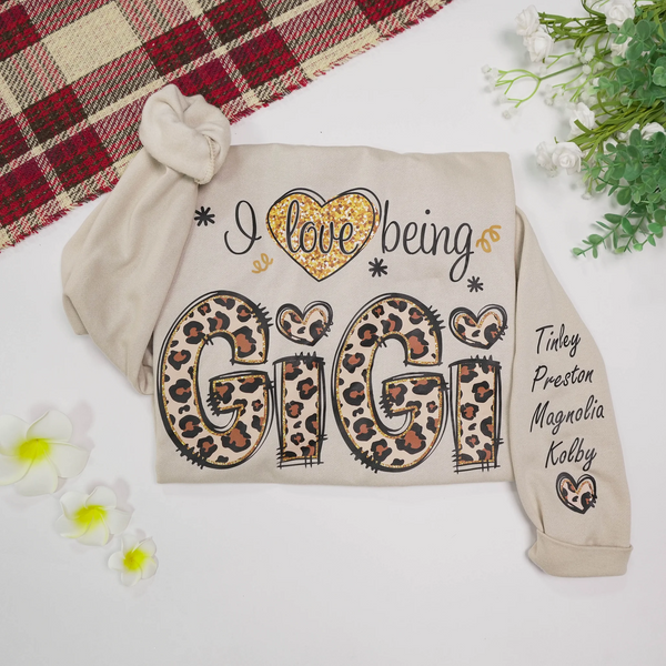 Personalized I Love Being Gigi Leopard Sweatshirt, Custom Grandma and Grandkids Sweatshirt Sweatshirt