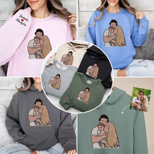 Custom Embroidered Hoodie Mama and Kids Portrait, Family Photo Sweatshirt