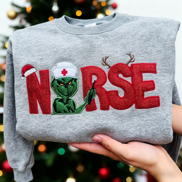 Custom Glitter Embroidered Christmas Nurse Grinch Sweatshirt