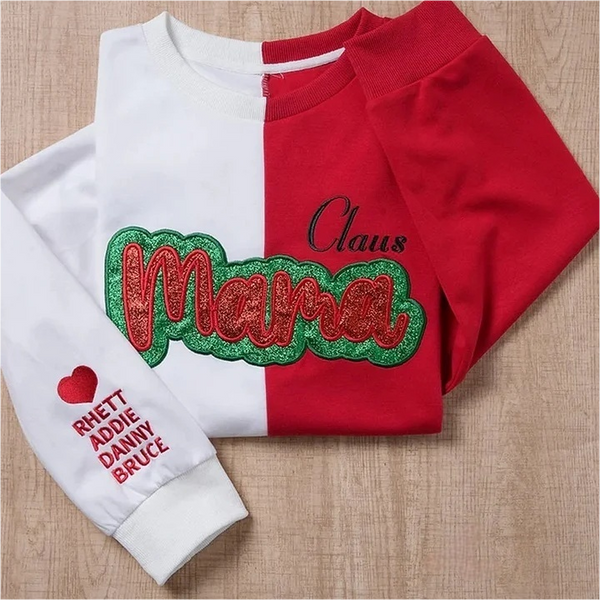 Custom Glitter Two Tone Embroidered Mama Claus Sweatshirt
