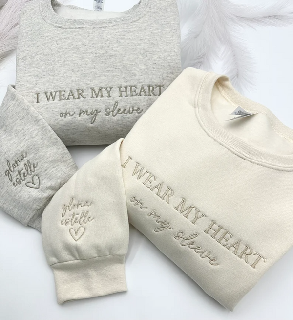 Embroidered I Wear My Heart On My Sleeve Crewneck or Hoodie, Custom Mama Sweatshirt with Children Name on Sleeve, Gift for Mom