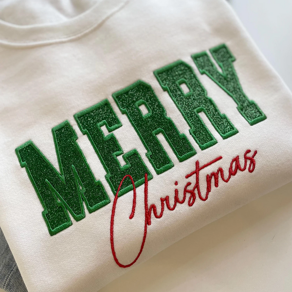Custom Glitter Embroidered Merry Christmas Sweatshirt