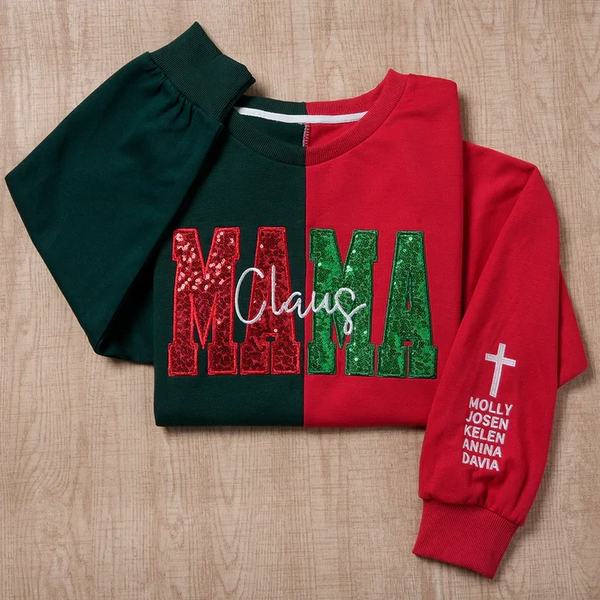 Custom Two Tone Sequins Mama Sweatshirt Christmas Split Fashion Embroidered Hoodie