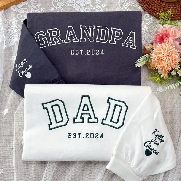 Custom Embroidered DAD/GRANDPA Sweatshirt with Kids Names on Sleeve - Father's Day Gift
