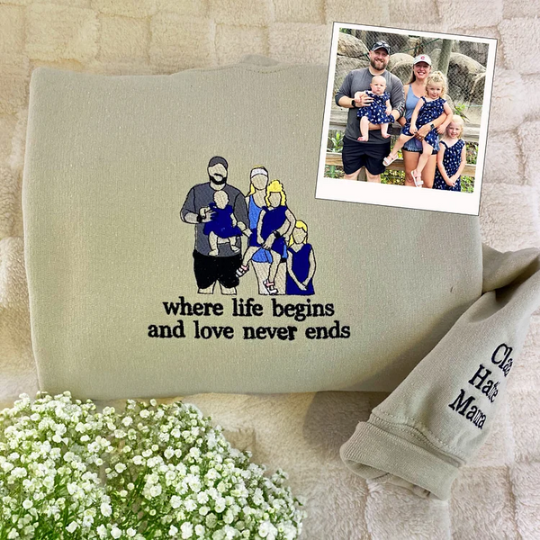Custom Embroidered Full-Color Dad and kids Portrait T-shirt ,Sweatshirt with Initial on Sleeve