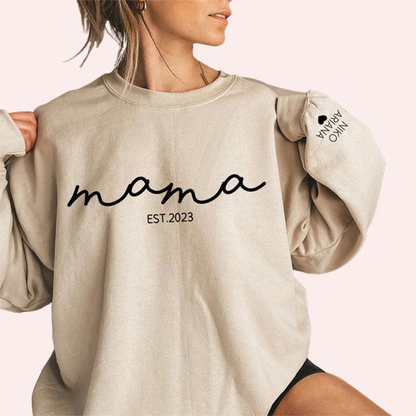 Custom Chest Text Est Year Mama Sweatshirt, Custom Mother's Day Sweatshirt, with Children's Names on the Sleeve