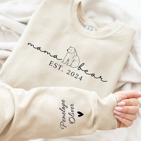 Custom Mama Bear EST Shirt with Kid Name on Sleeve,Mother's Day Gift