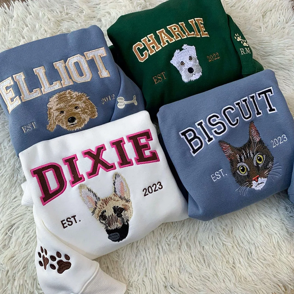 Premium Handcrafted Personalized Embroidered Pet Face and Name Est Sweatshirt for Pet Lovers