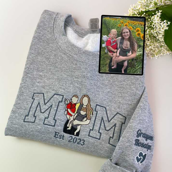 Mama Sweatshirt with Photo, Custom Embroidered Hoodie Mama and Kids Portrait, Varsity Shirt, Custom Embroidery Shirt For Mom Mama Mommy