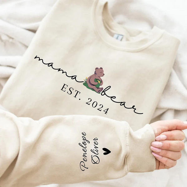 Mama Bear EST Sweatshirt with Kid Name on Sleeve