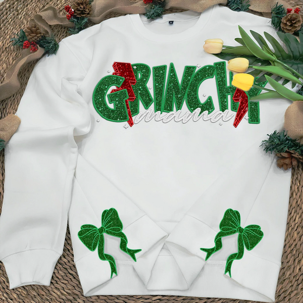 Custom Embroidered Glitter Side Bow Cut-Out Grinchy Christmas Mama Sweatshirt