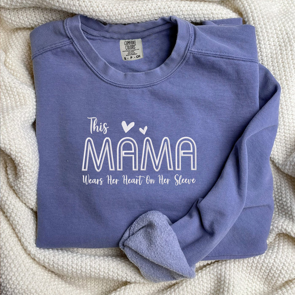 This Mama Wears Her Heart On Her Sleeve Embroidery Sweatshirt with Names