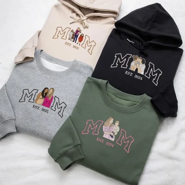 Embroidered Mum Sweatshirt with Photo, Mother's Day Gifts, Custom Embroidered Hoodie Mum and Kids Portrait Popular Now