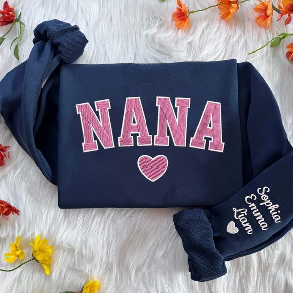 Custom Nana Heart Pink With Kids Embroidered Sweatshirt