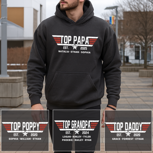 Personalized Top Papa Hoodie – Custom Kids’ Names & Est. Year, Military-Style Family Gift for Dad, Poppy, Grandpa, Daddy