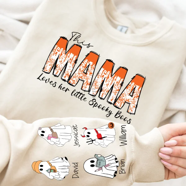 Personalized This Mama Loves Her Little Boos Sweatshirt, Mama Shirt With Kids Name, Spooky Season Halloween