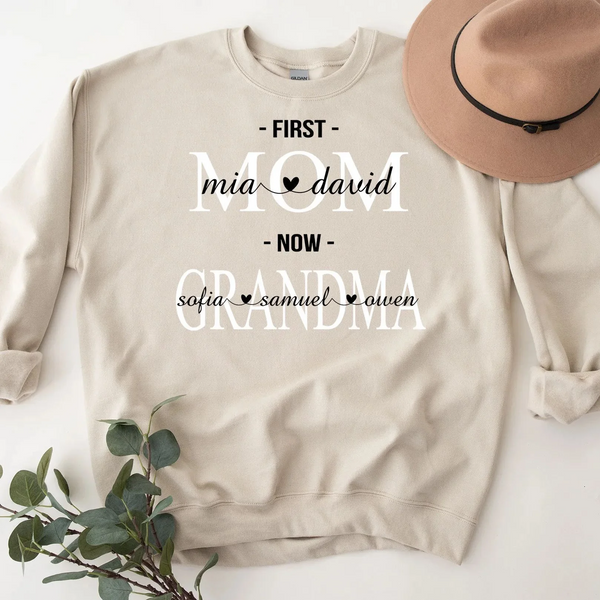 Personalized First Mom Now Grandma Shirt, Mom With Kids Names Sweatshirt