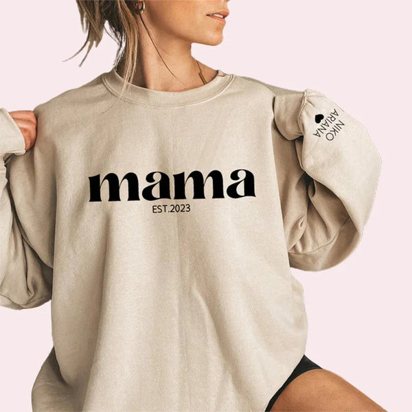 Custom Chest Text Est Year Mama Sweatshirt, Custom Mother's Day Sweatshirt, with Children's Names on the Sleeve