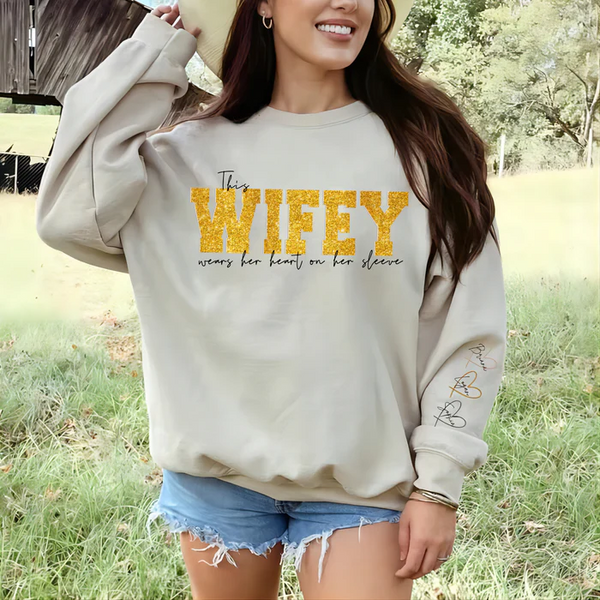 Personalized Wifey Wear Heart On Sleeve Mama Hot Stamping Sweatshirt with Kid Names on Sleeves-Mother's Gift