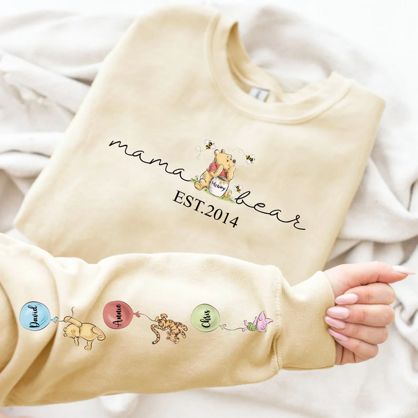 Custom Mama Bear Sweatshirt, Mama Est with Kids Names on Sleeve Sweatshirt