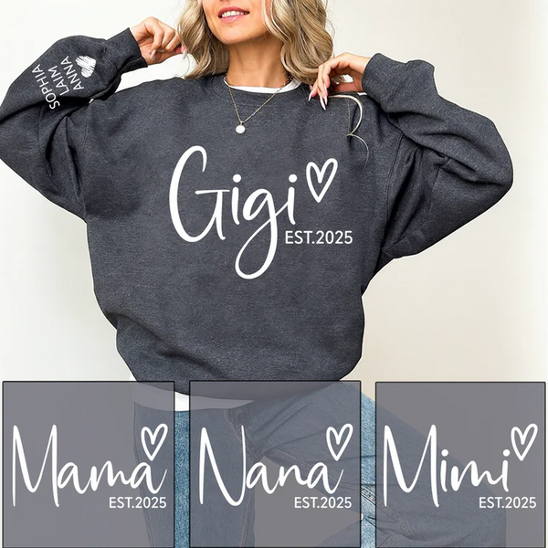 Personalized Gigi Est Heart Sweater, Gift for Grandma and Kids, Unique Gift for Grandma and Family