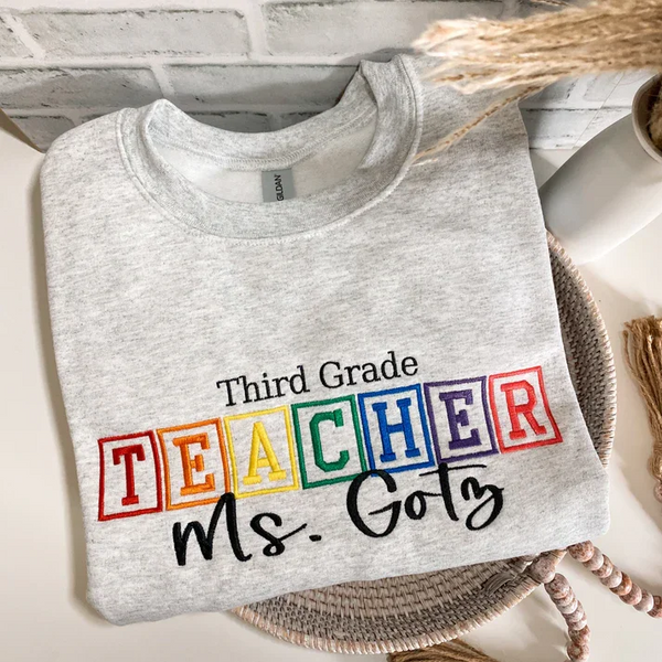 Teacher Rainbow Block Name Embroidered Sweatshirt