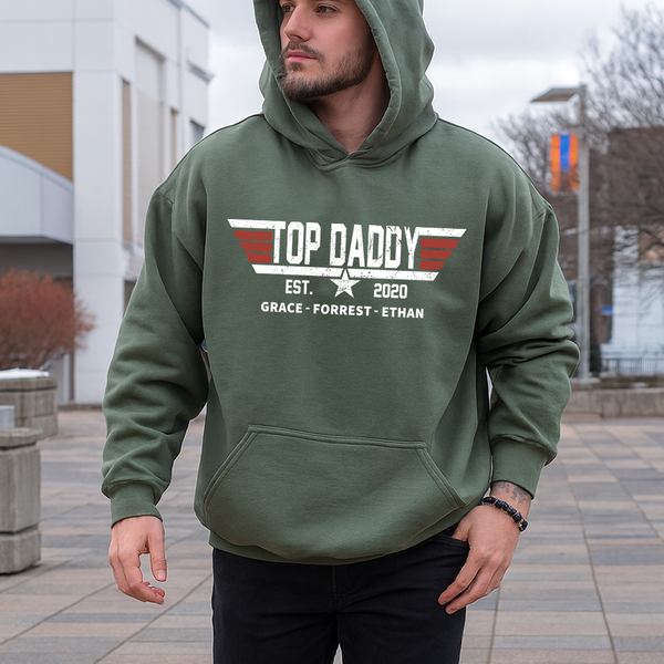 Personalized Top Papa Hoodie – Custom Kids’ Names & Est. Year, Military-Style Family Gift for Dad, Poppy, Grandpa, Daddy
