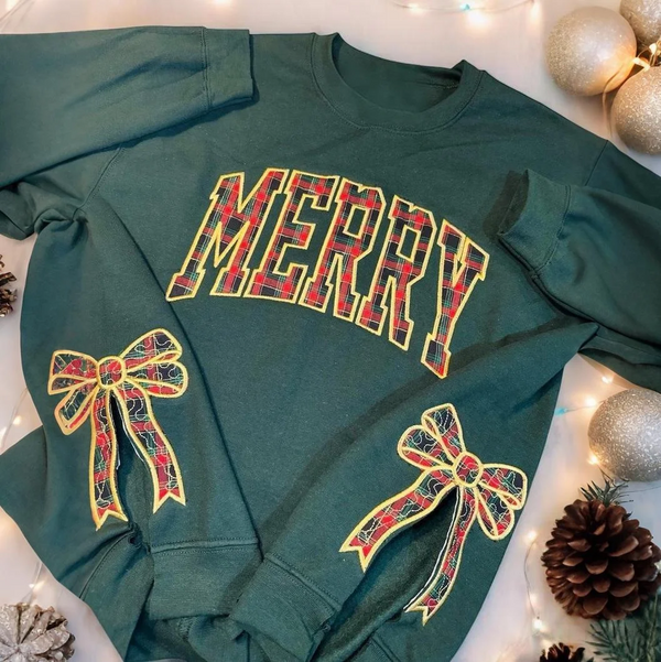 Trendy Merry Side Bow Cut Out Sweatshirt Cozy Plaid Christmas Pullover for Women