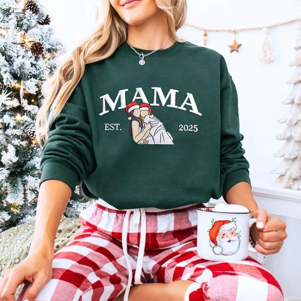 Embroidered Mama Christmas Sweatshirt with Photo, Custom Mom And Kids Portrait Sweater