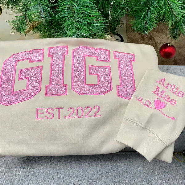 Embroidered Glitter Gigi Est Sweatshirt, Custom Glitter Grandma Embroidered Sweatshirt