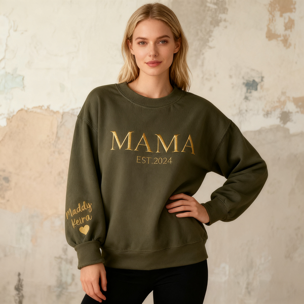 Custom Embroidered Est Year Mama Sweatshirt With Kids Name and Heart,Gift For Mom