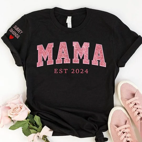 Family Personalized Custom Embroidered Glitter Vinyl MAMA Sweatshirt With Design On Sleeve - Gift For Mom