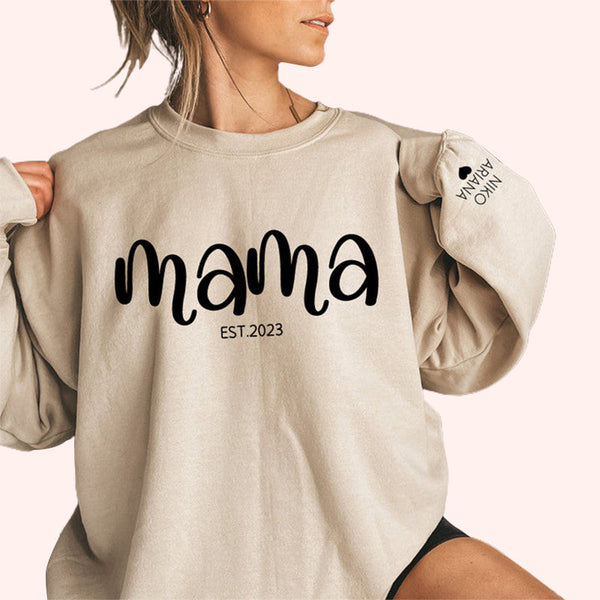 Custom Chest Text Est Year Mama Sweatshirt, Custom Mother's Day Sweatshirt, with Children's Names on the Sleeve