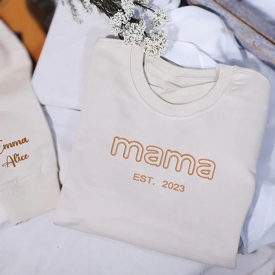 Personalised Mama Embroidered Sweatshirt with Kid Names on Sleeve - Mothers Day Gift