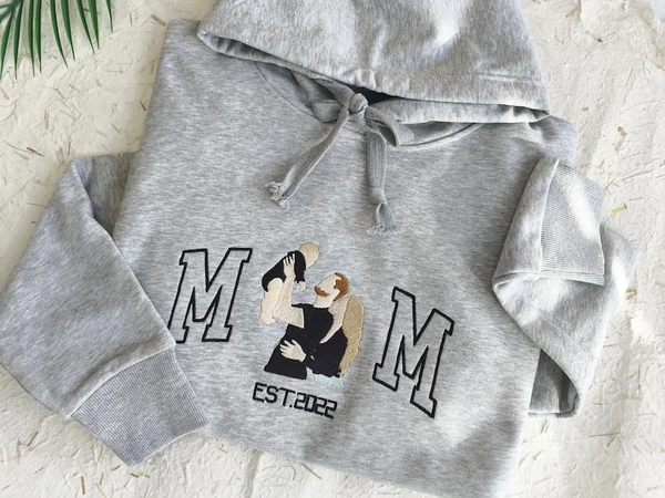 Mama Sweatshirt with Photo, Custom Embroidered Hoodie Mama and Kids Portrait, Varsity Shirt