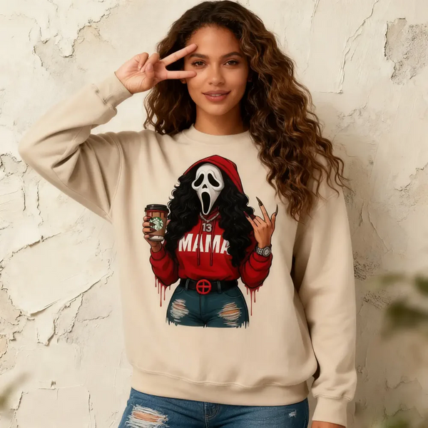 Custom Horror MAMA Sweatshirt with Kid's Names on the Sleeve