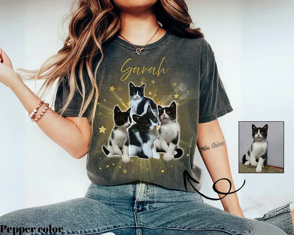 Vintage Bootleg Pet Shirt, Custom Pet Photo + Name with Golden Stars Tee Sweatshirt Hoodie