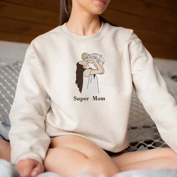 Custom Embroidered Portrait Sweatshirt -Mom and Daughter/Son Embroidered Design,Personalized Mother's Day Gift