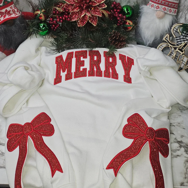 Custom Merry Embroidered Bow Fleece Sweatshirt Side Bow Applique Glitter Christmas Sweatshirt
