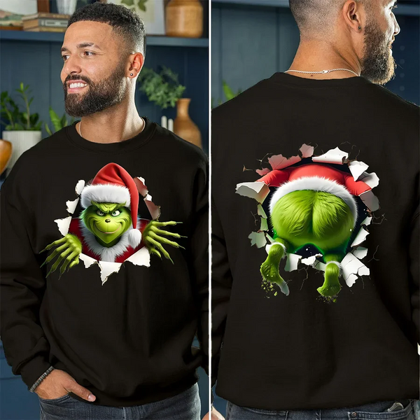 Funny Grinch Christmas Hoodie | 3D Santa Monster Sweatshirt | Front and Back Print Holiday Pullover | Ugly Christmas Gift for Friends