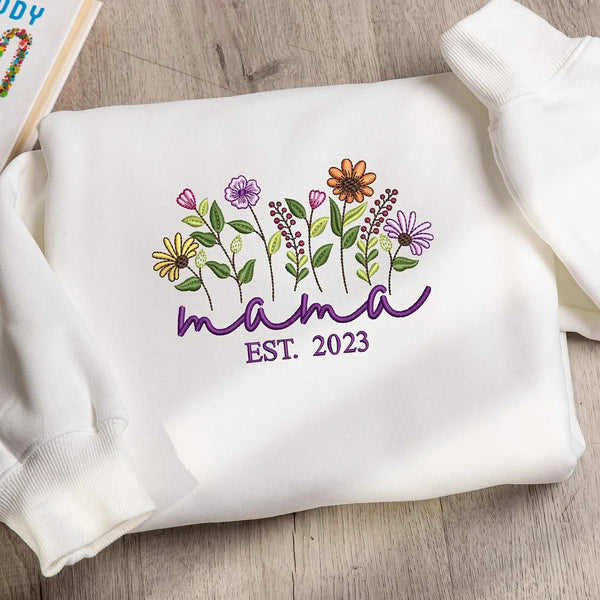 Floral Mama Embroidered Crewneck Sweatshirt Custom Kid Name On Sleeve