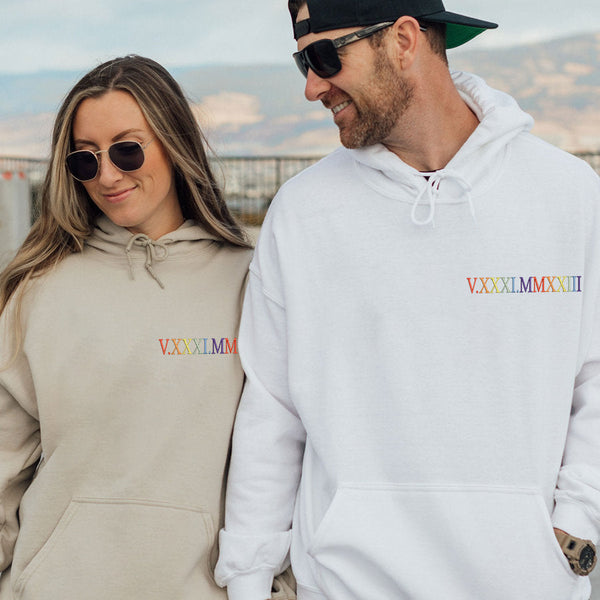 Custom Embroidered Colorful Roman Numerals Couple Sweatshirt for Valentine's Day